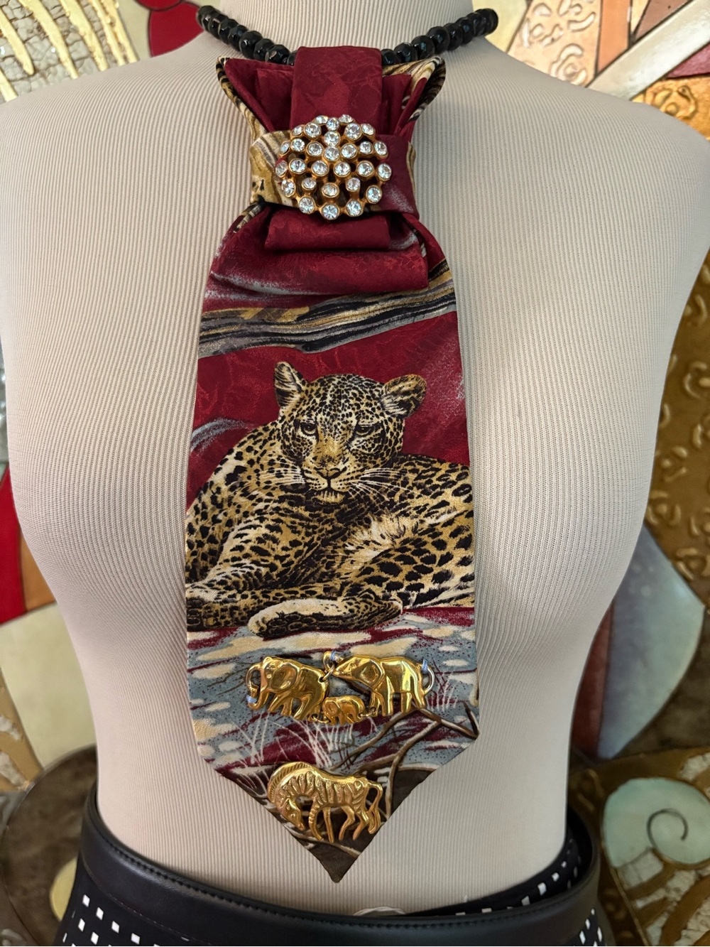 Safari Theme Upcycled Silk Tie Statement Necklace with Gold Accents